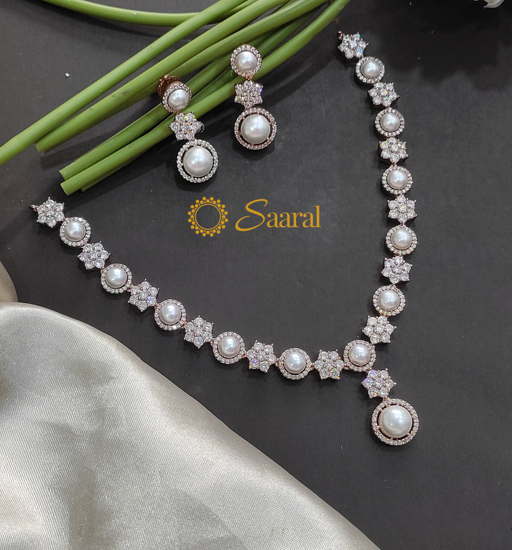 Rose gold pearl and Stone necklace set