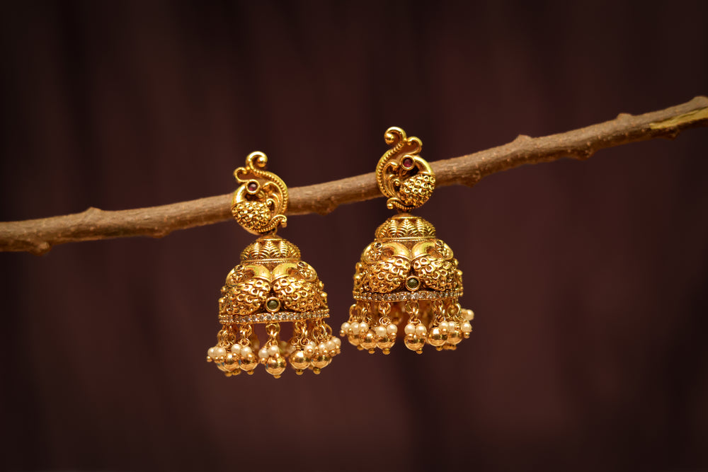 Traditional Red stone Peacock Jhumka