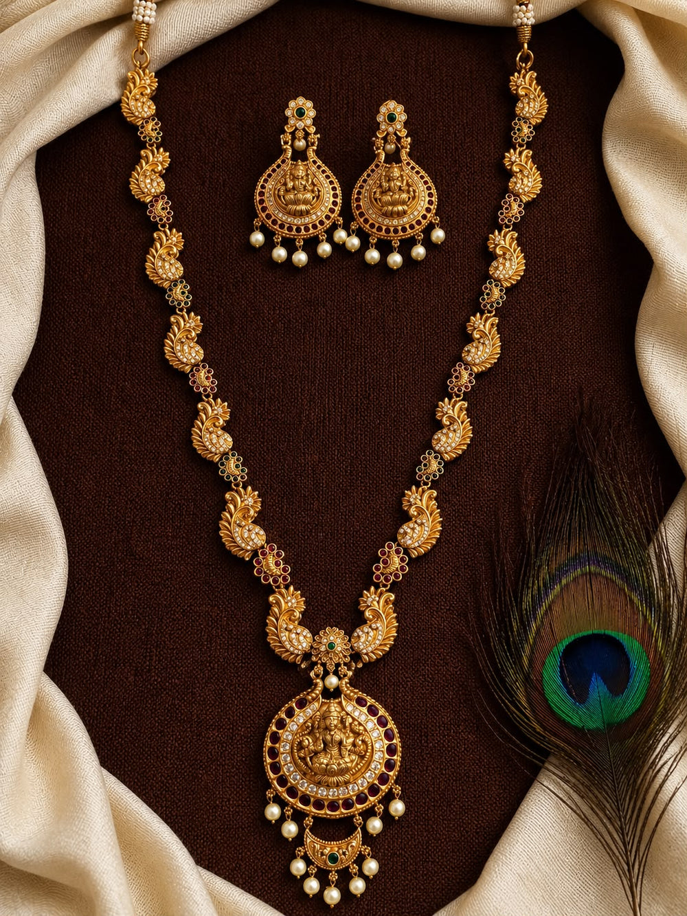 Unique Floral Pattern Haram with lakshmi pendant