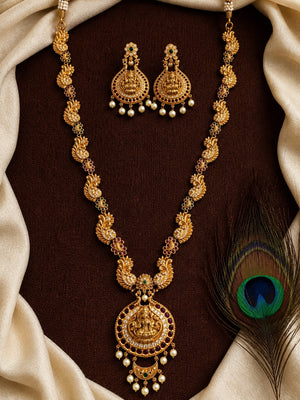 Unique Floral Pattern Haram with lakshmi pendant